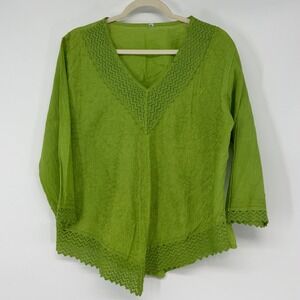Lime Green Embroidered Crochet Boho Peasant Top XXL Plus Size